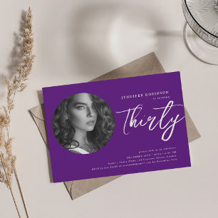 Minimalist Script Photo 30th Birthday Party Purple Invitation