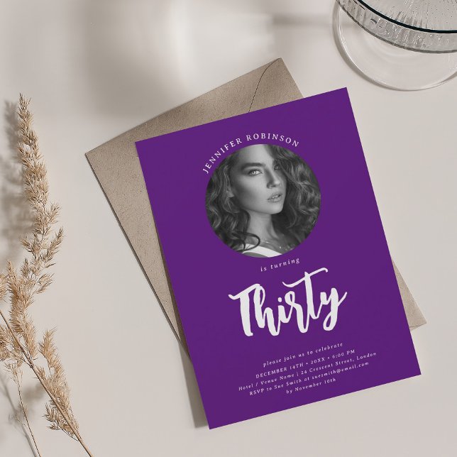 Minimalist Script Photo 30th Birthday Purple  Invitation (Minimalist Script Photo 30th Birthday Purple Invitation)