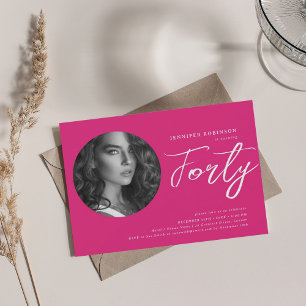Minimalist Script Photo 40th Birthday Hot Pink Invitation