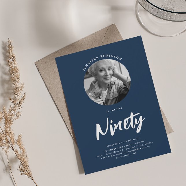 Minimalist Script Photo 90th Birthday Navy Blue  Invitation (Minimalist Script Photo 90th Birthday Navy Blue Invitation)