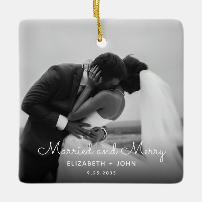 Minimalist Script Photo Black and White Married Ceramic Ornament (Front)