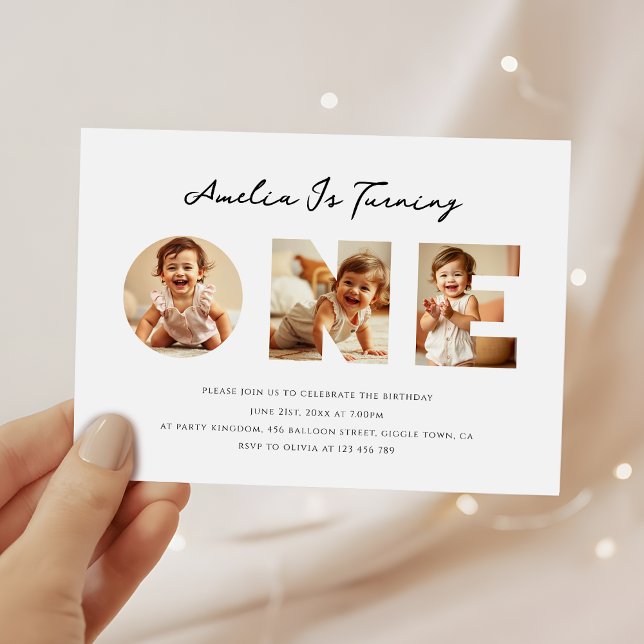 Minimalist Script Photo Collage First Birthday Invitation (Creator Uploaded)