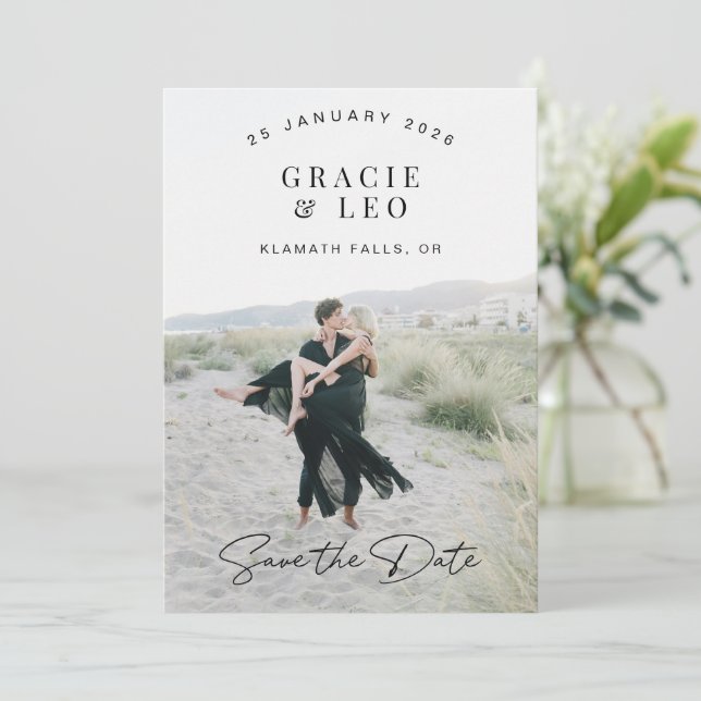 Minimalist Script Photo Save the Date Wedding Card (Standing Front)