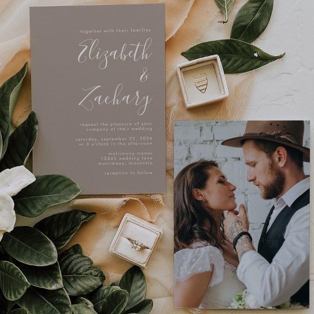 Minimalist Script Photo Taupe Wedding Invitation (Creator Uploaded)