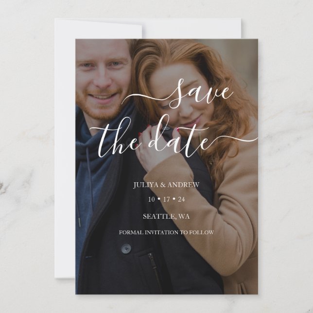 Minimalist script photo wedding save the date card (Front)