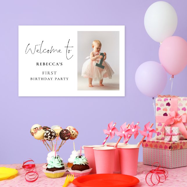 Minimalist Script Photo Welcome 1st Birthday Party Poster (Available digitally or printed)