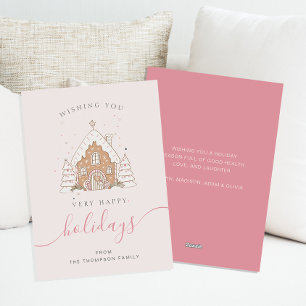 Minimalist Script Pink House Christmas Flat  Holiday Card
