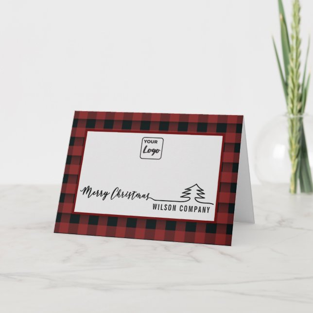 Minimalist script plaid logo Holiday card (Front)