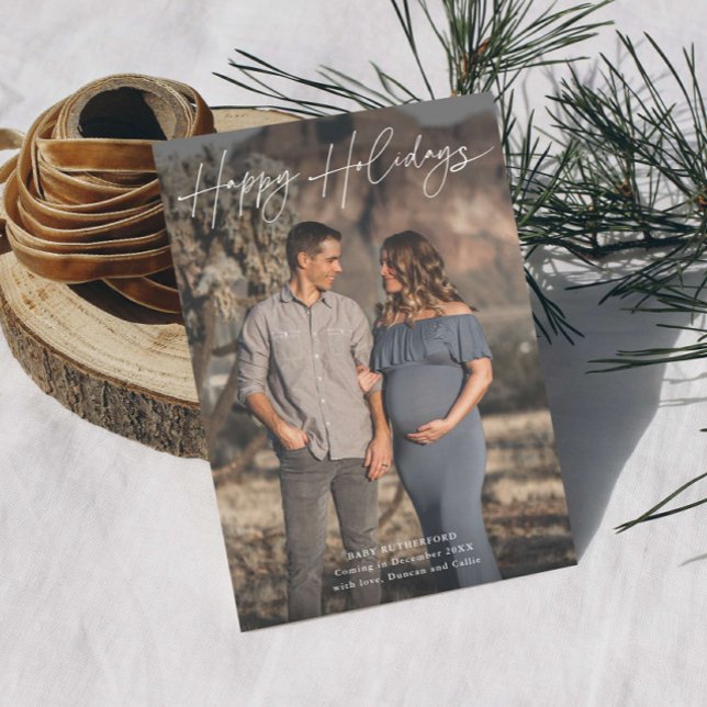 Minimalist Script Pregnancy Photo  Holiday Card (Minimalist Script Happy Holidays Pregnancy Photo Announcement Holiday Card.)