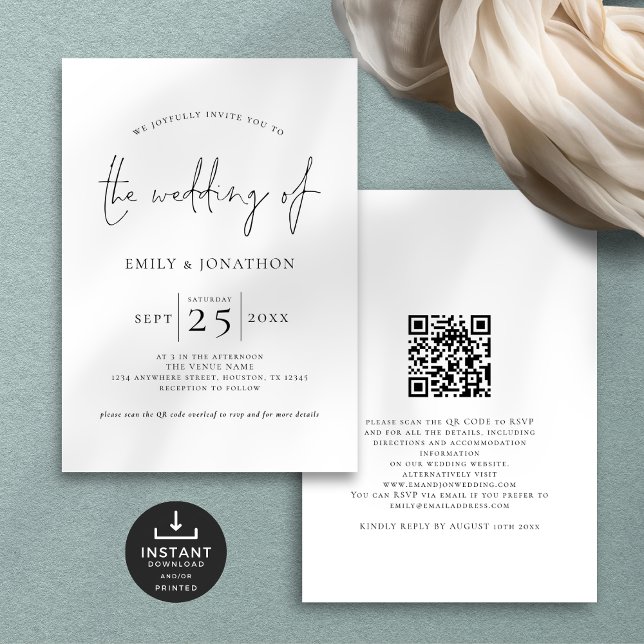 Minimalist Script QR Code Black White Wedding Invitation (Front and back view)
