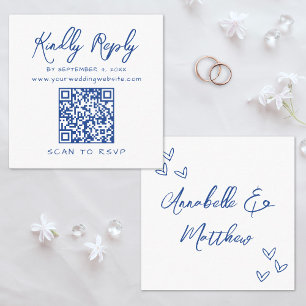 Minimalist Script QR Code Blue Wedding Reply Enclosure Card