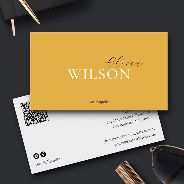 Minimalist Script QR Code Mustard Yellow Business Card (Creator Uploaded)