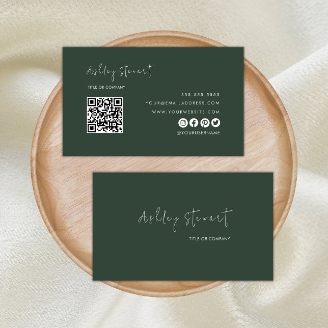 Minimalist Script Qr Code Professional Dark Green Business Card (Creator Uploaded)