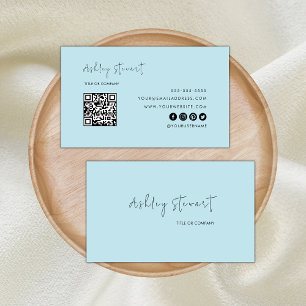 Minimalist Script Qr Code Professional Light Blue Business Card