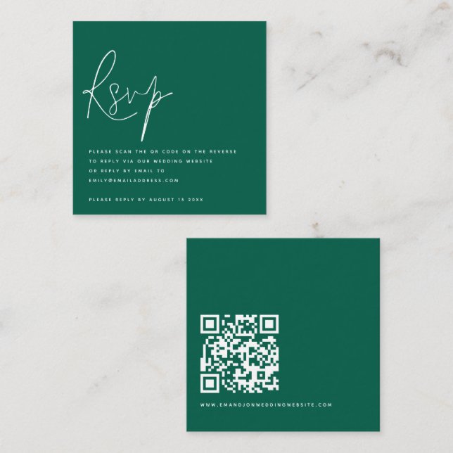Minimalist Script QR Code Wedding Emerald RSVP Enclosure Card (Front/Back)