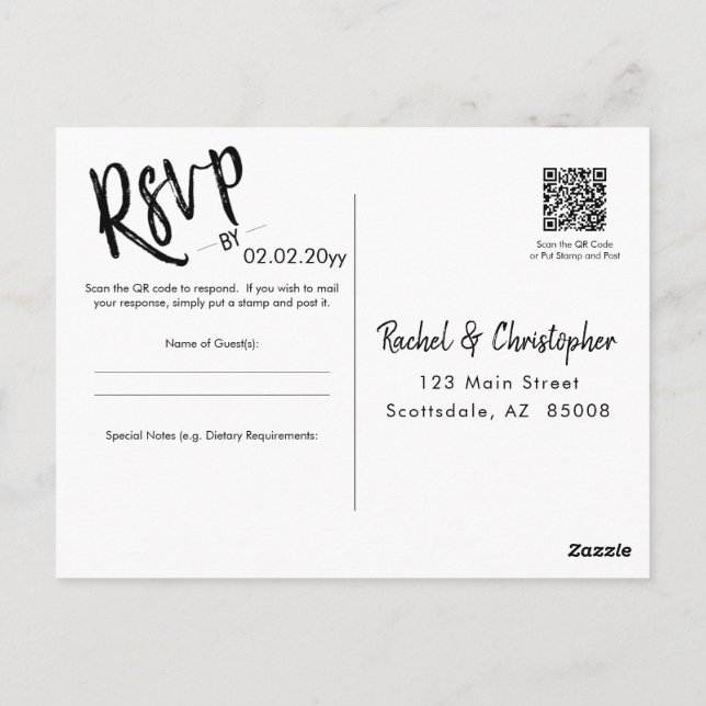 Minimalist Script QR Code Wedding Event RSVP Postcard (Back)