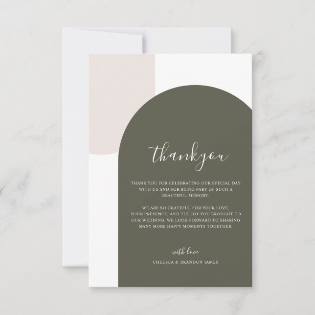 Minimalist Script Retro Boho Green Arch Wedding Thank You Card (Front)