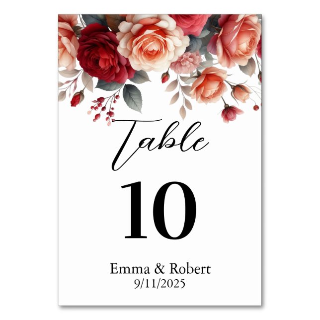 Minimalist Script Roses Wedding Seating Plan Table Number (Front)