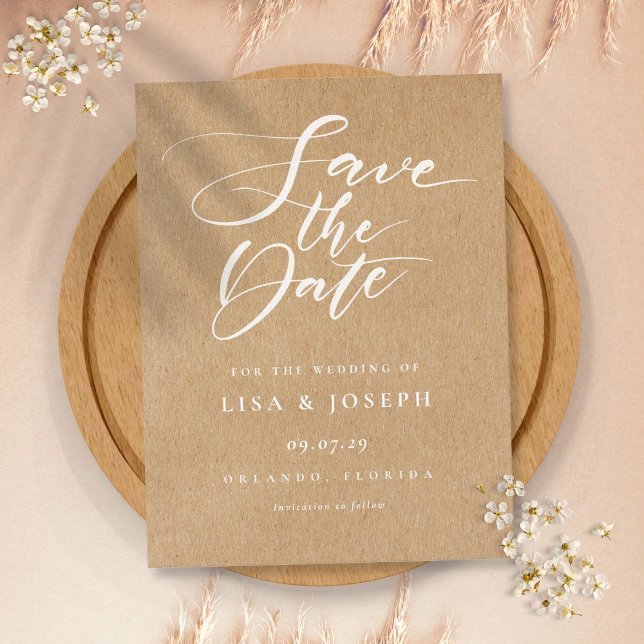 Minimalist Script Rustic Kraft Save the Date Postcard (Creator Uploaded)