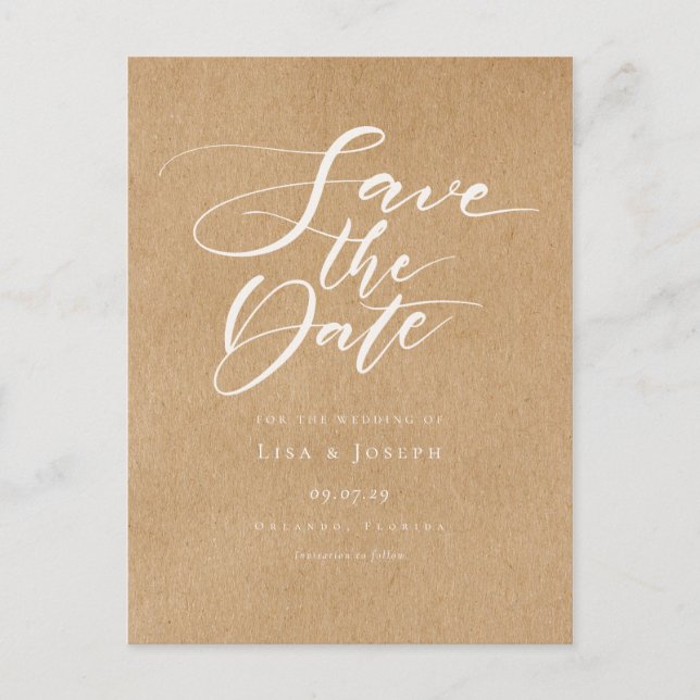 Minimalist Script Rustic Kraft Save the Date Postcard (Front)