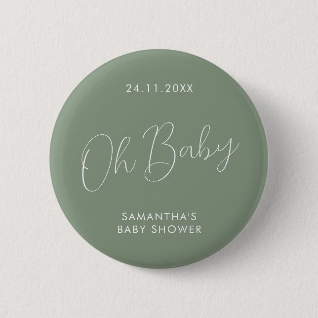 Minimalist Script Sage Green Baby Shower elegant 6 Cm Round Badge (Front)