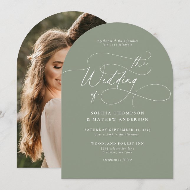 Minimalist Script Sage Green Photo Wedding Arch Invitation (Front/Back)