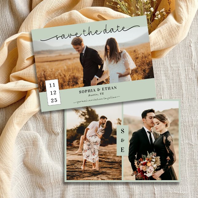 Minimalist Script Sage Green Photo Wedding Save The Date (Creator Uploaded)