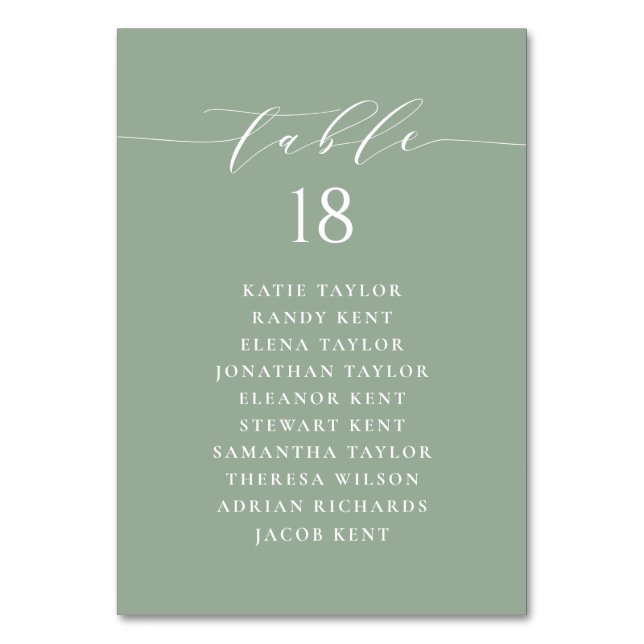 Minimalist Script Sage Green Wedding Seating Plan Table Number (Front)