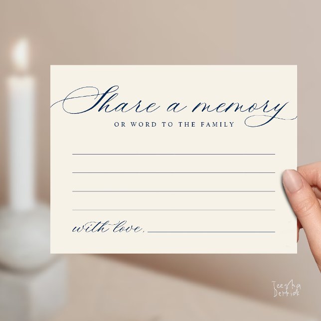 Minimalist Script Share a Memory Funeral Note Card (Minimalist Script Share a Memory Funeral Note Heart Card in Navy Blue Ivory)