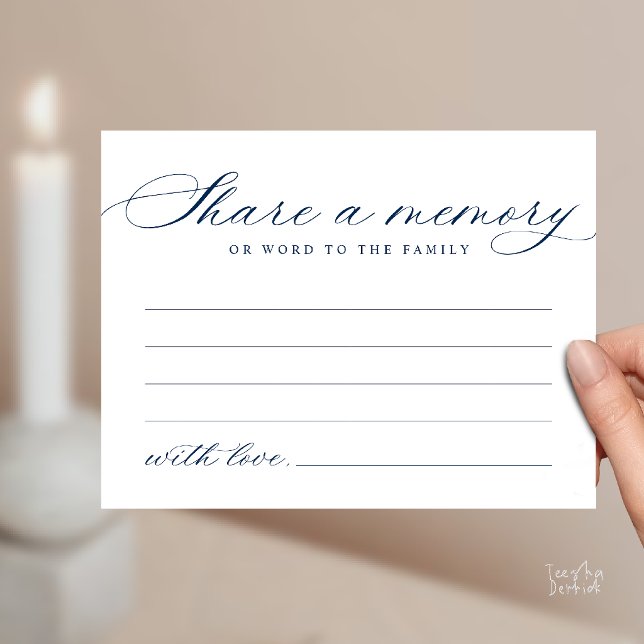 Minimalist Script Share a Memory Funeral Note Card (Minimalist Script Share a Memory Funeral Note Card in Navy Blue)