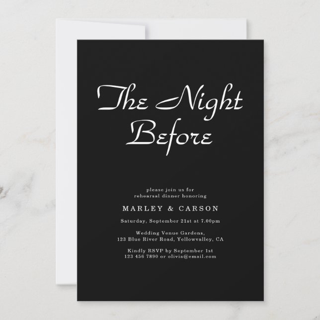 Minimalist Script  Sleek Black Rehearsal Dinner Invitation (Front)