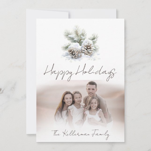 minimalist script, snowy pine cones Family photo Holiday Card (Front)