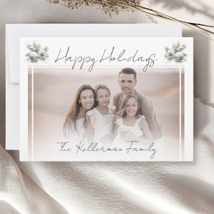 minimalist script, snowy pine cones Family photo Holiday Card