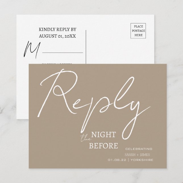 Minimalist Script Taupe the Night Before RSVP  Invitation Postcard (Front/Back)