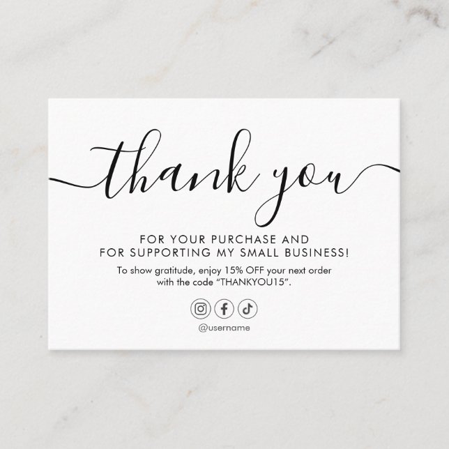 Minimalist Script Thank You White Business Card (Front)
