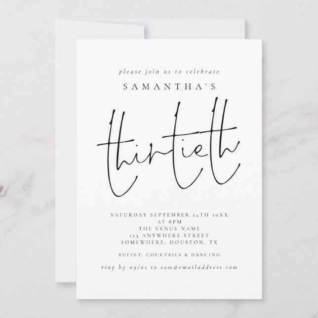 Minimalist Script Thirtieth Birthday Party Invitation (Front)
