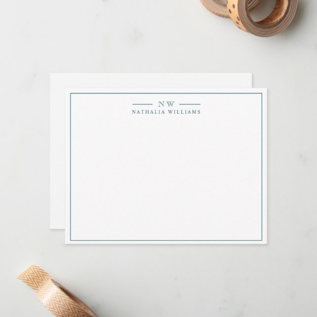 Minimalist Script Trendy Teal Border Monogram Card (Front/Back In Situ)
