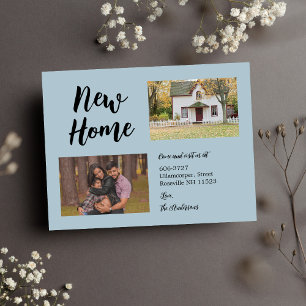 Minimalist Script Two Photo New Home Moving Blue Announcement Postcard