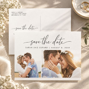 Minimalist Script Two Photo Wedding Save the Date Announcement Postcard
