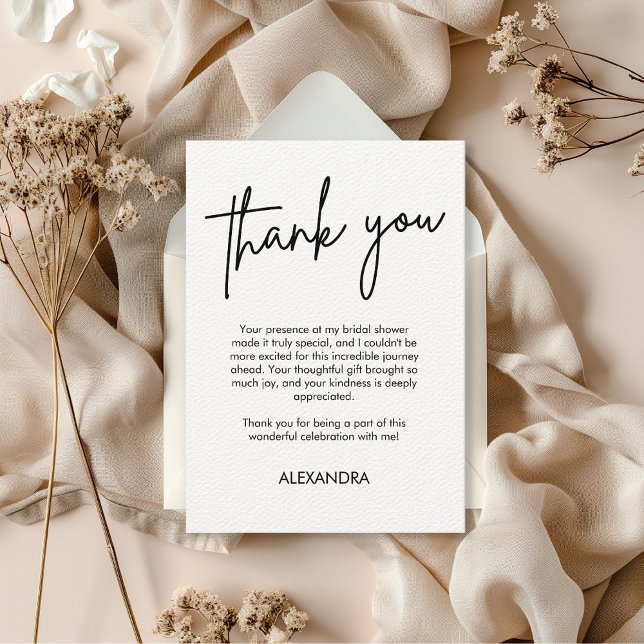 Minimalist Script Typography Bridal Shower B&W Thank You Card (minimalist bridal shower thank you card)