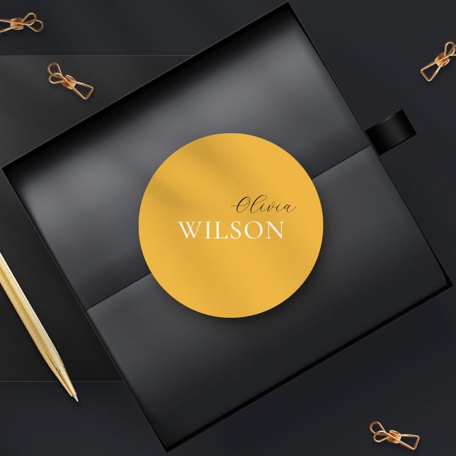 Minimalist Script Typography Mustard Yellow Classic Round Sticker (Creator Uploaded)