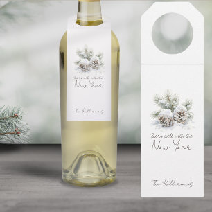 minimalist script, watercolor snowy pine cones bottle tag