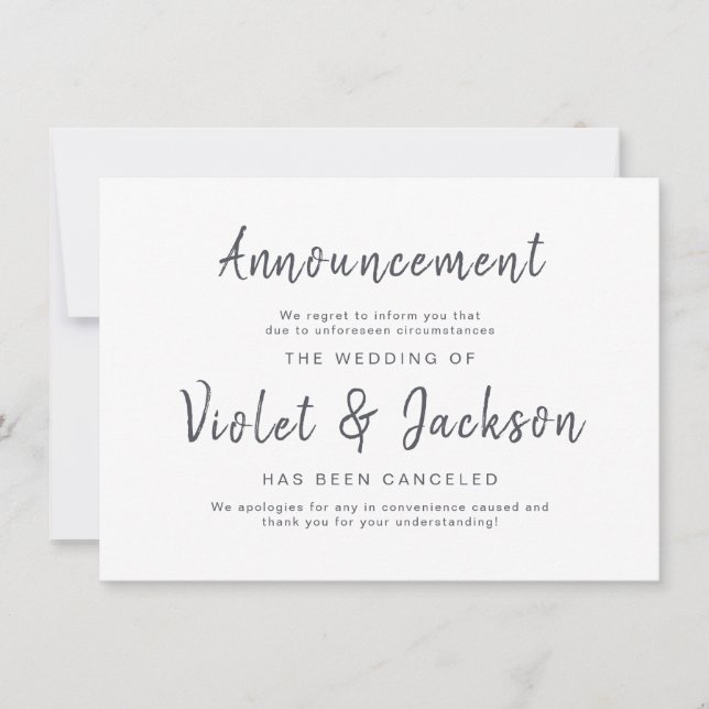 Minimalist script wedding cancellation cards (Front)