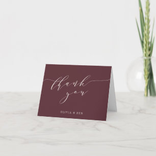 Minimalist Script Wedding Custom Message Burgundy Thank You Card