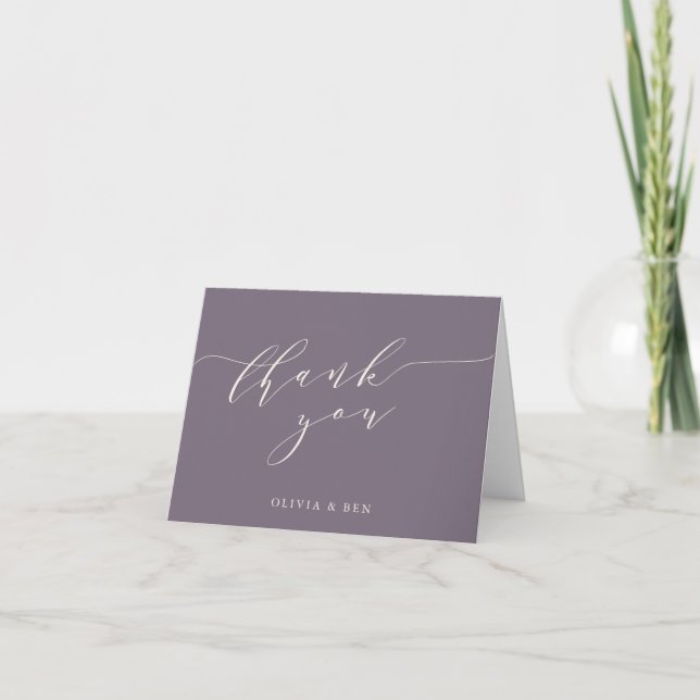 Minimalist Script Wedding Custom Message Purple Thank You Card (Front)