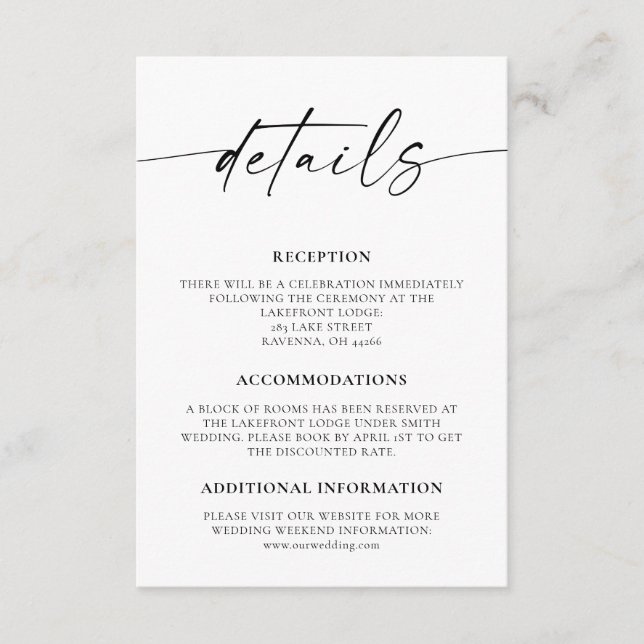 Minimalist Script Wedding Details Enclosure Card (Front)