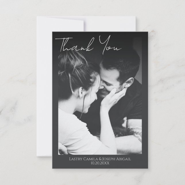 Minimalist Script Wedding photo Thank You Card (Front)