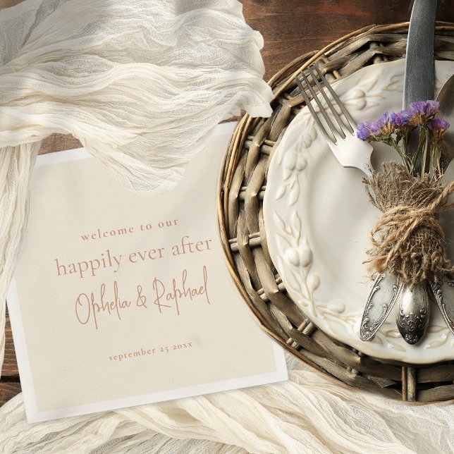 Minimalist Script Welcome Message Cream Wedding Napkin (Cream with terracotta text napkin)