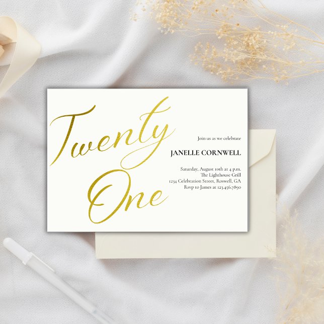 Minimalist Script white and Gold 21st Birthday Invitation (Creator Uploaded)