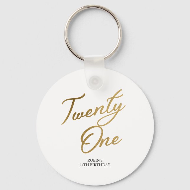 Minimalist Script white and Gold 21st Birthday Key Ring (Front)